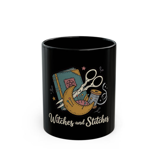 Witches and Stitches Black Mug — Witchy Sewing Craft Coffee Cup (11oz & 15oz)