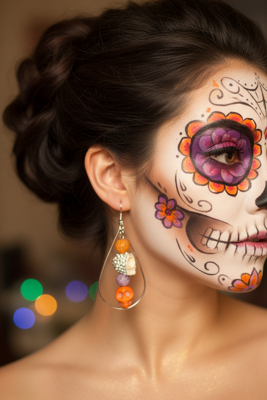 Title: Fiesta Calavera Teardrop Hoop Earrings