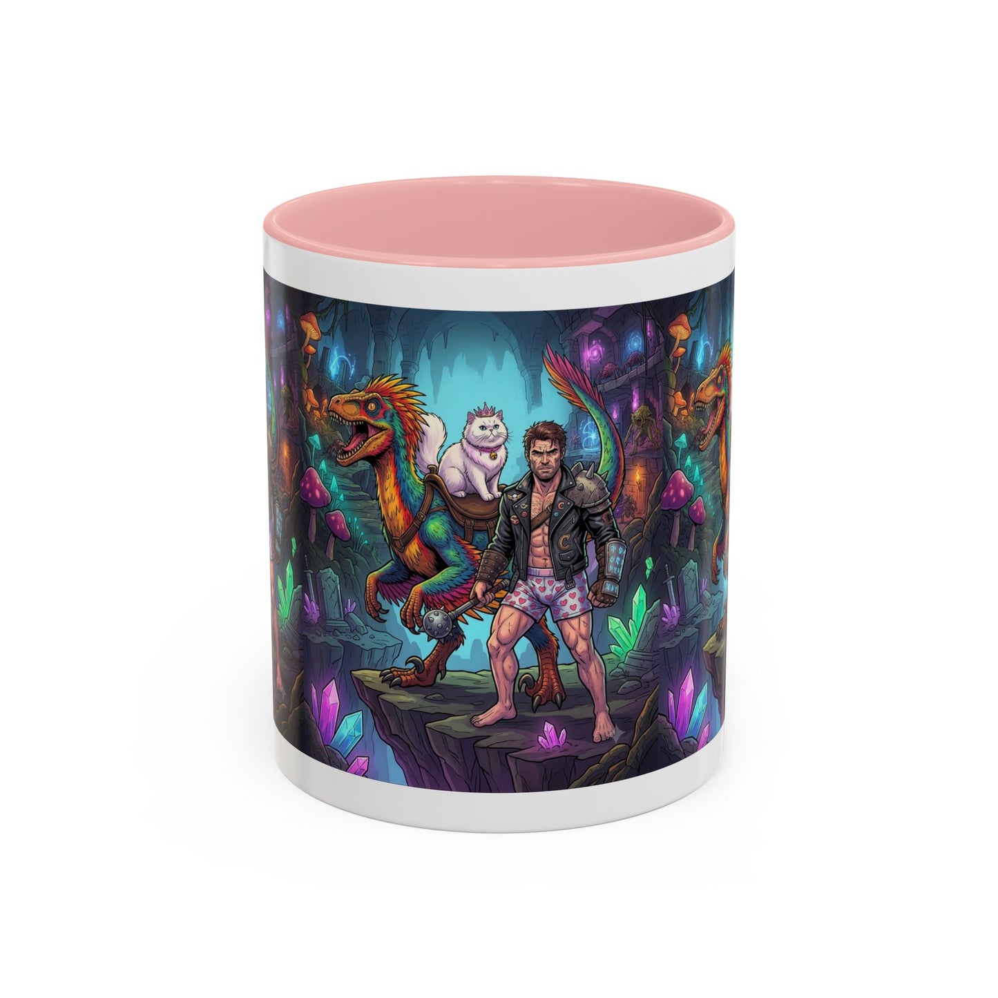 Fantasy Dino Adventure Coffee Mug — Man, Dinosaur & Cute Creature in Crystal Cavern (11/15oz)