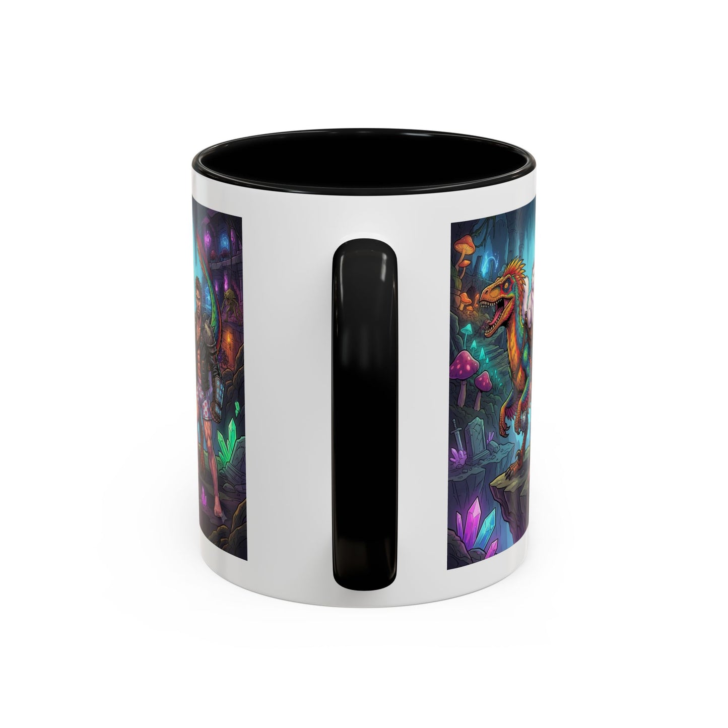Fantasy Dino Adventure Coffee Mug — Man, Dinosaur & Cute Creature in Crystal Cavern (11/15oz)