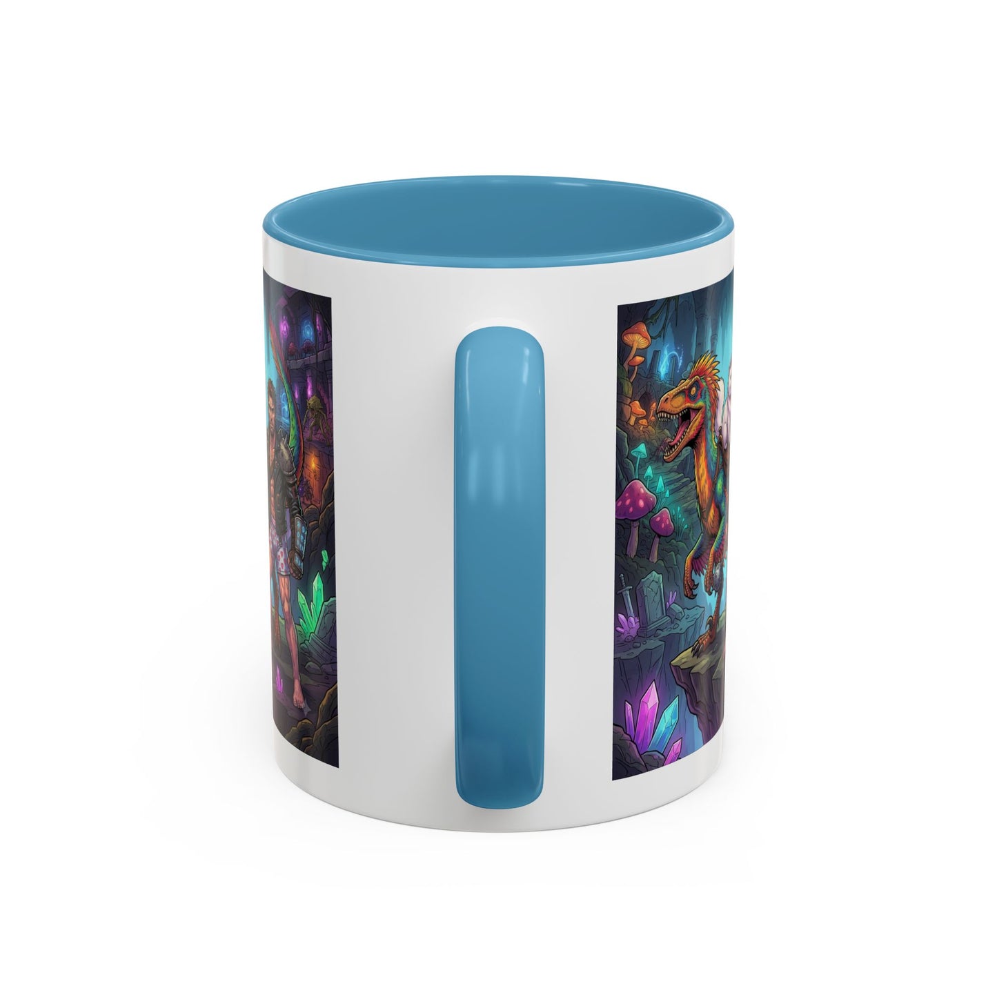 Fantasy Dino Adventure Coffee Mug — Man, Dinosaur & Cute Creature in Crystal Cavern (11/15oz)