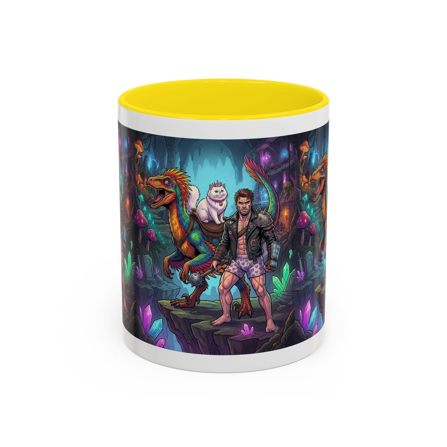 Fantasy Dino Adventure Coffee Mug — Man, Dinosaur & Cute Creature in Crystal Cavern (11/15oz)