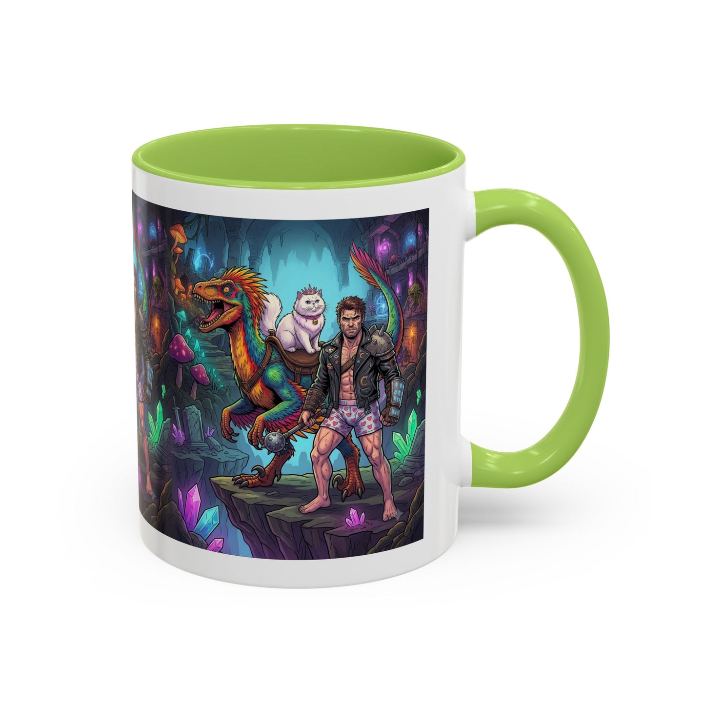 Fantasy Dino Adventure Coffee Mug — Man, Dinosaur & Cute Creature in Crystal Cavern (11/15oz)