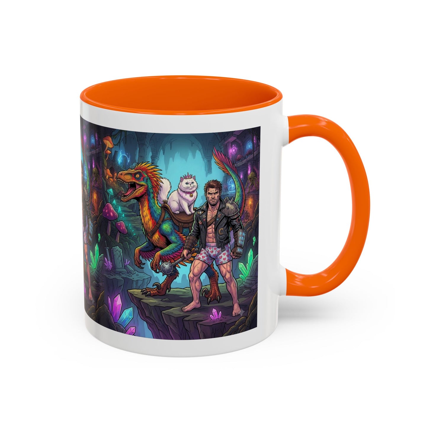 Fantasy Dino Adventure Coffee Mug — Man, Dinosaur & Cute Creature in Crystal Cavern (11/15oz)