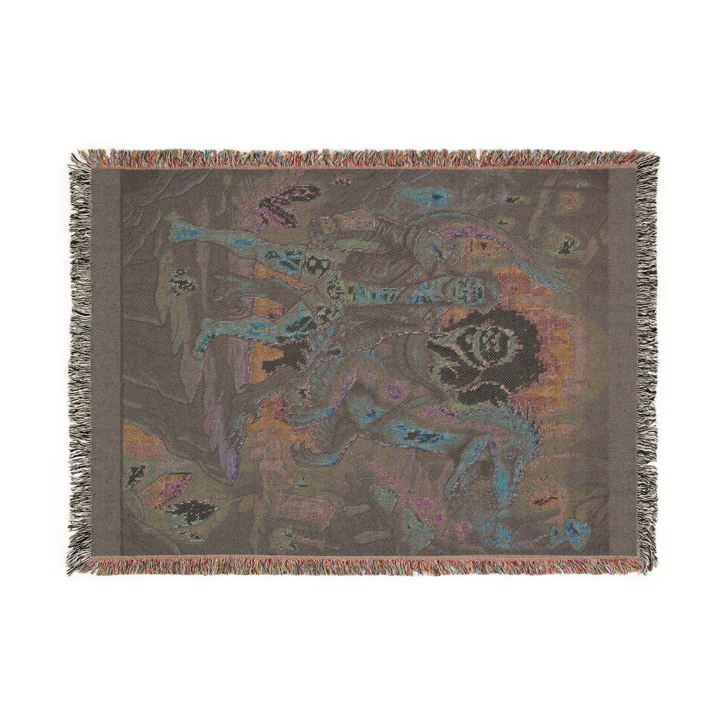 Fantasy Dragon & Warrior Woven Blanket — Pixel Art Medieval Tapestry Throw