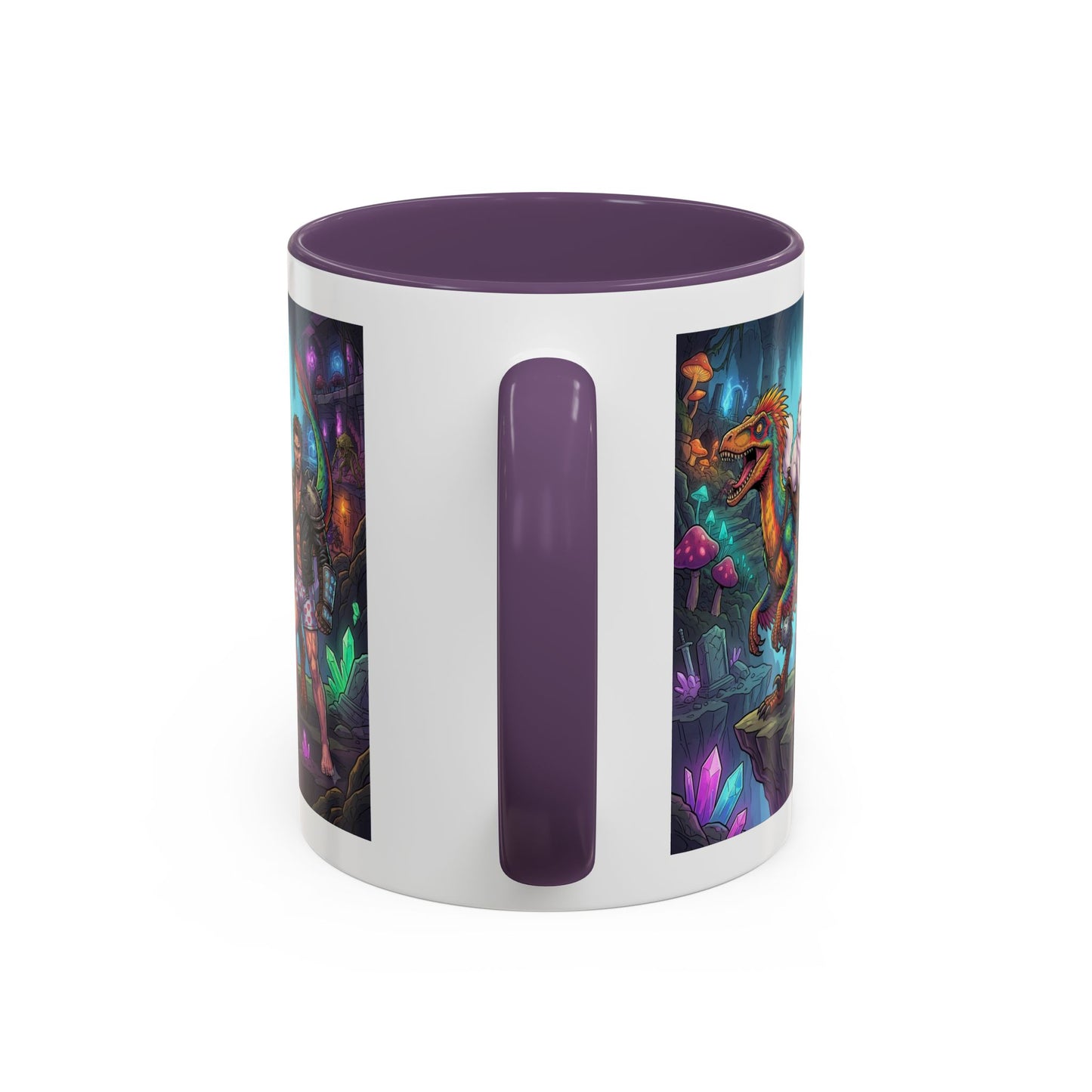Fantasy Dino Adventure Coffee Mug — Man, Dinosaur & Cute Creature in Crystal Cavern (11/15oz)