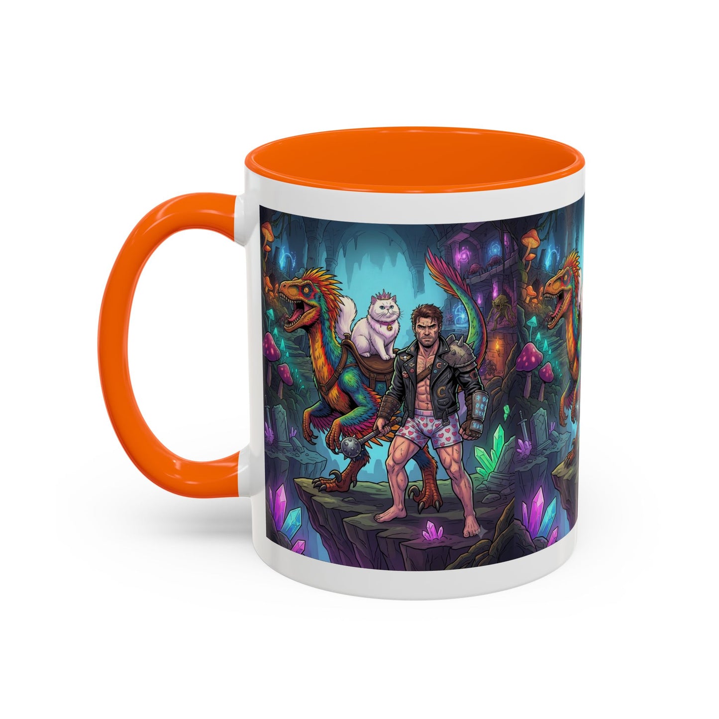 Fantasy Dino Adventure Coffee Mug — Man, Dinosaur & Cute Creature in Crystal Cavern (11/15oz)