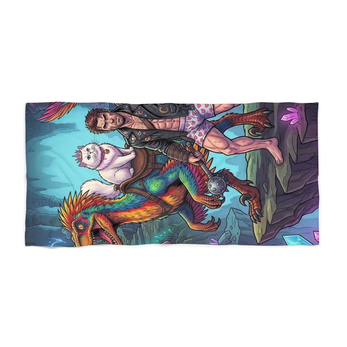 Colorful Dinosaur Rider Beach Towel with Adventurer and Cute Alpaca Plush Design