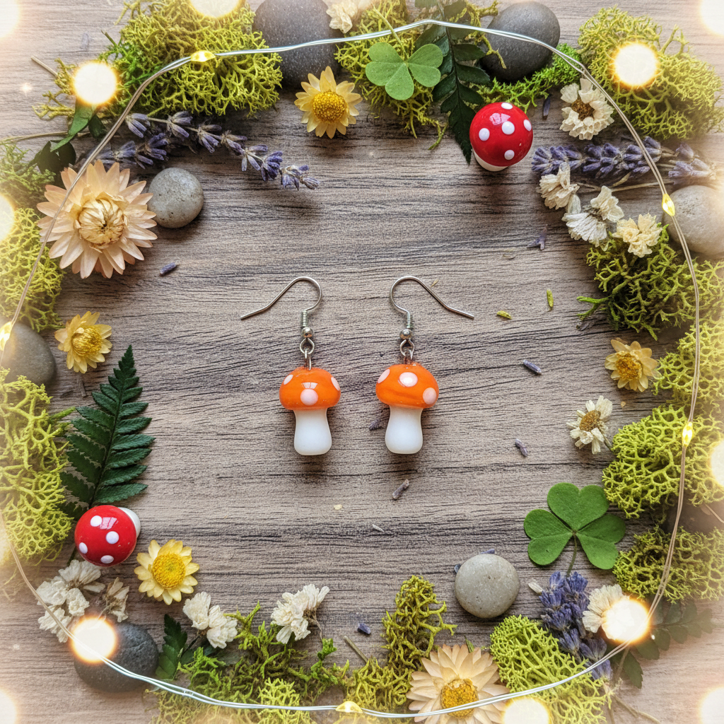 Orange Glass Mushroom Earrings – Whimsical Woodland Jewelry