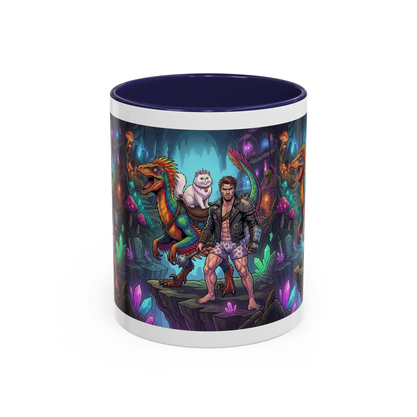Fantasy Dino Adventure Coffee Mug — Man, Dinosaur & Cute Creature in Crystal Cavern (11/15oz)