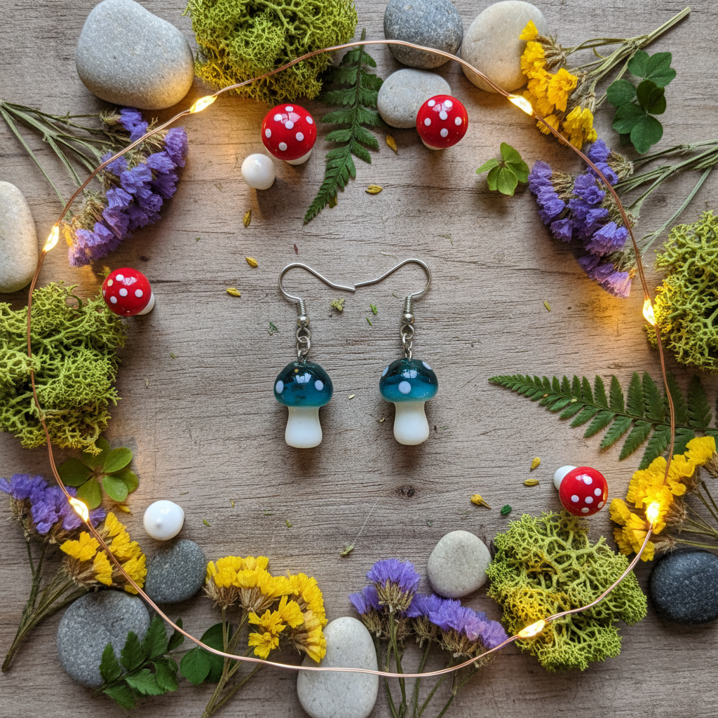 Blue Glass Mushroom Earrings – Whimsical Fairy Garden Jewelry