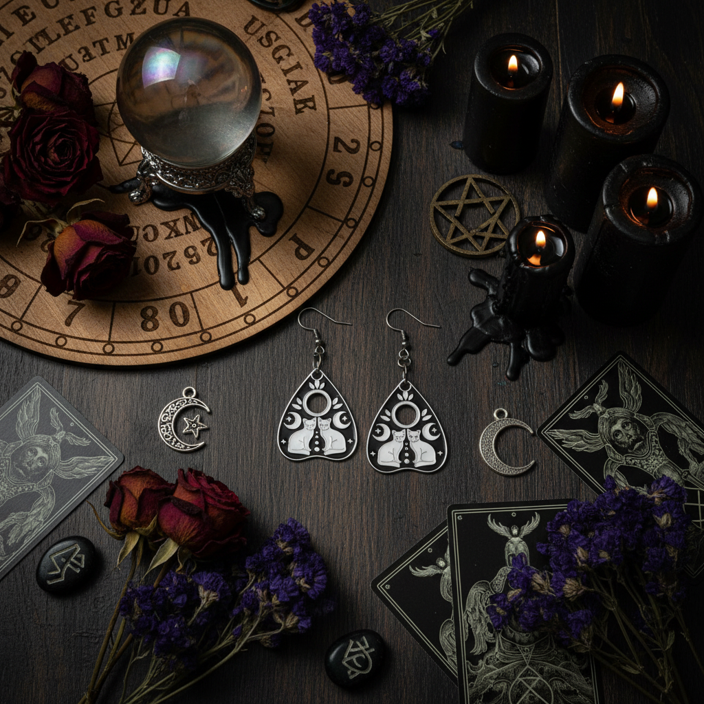 Gothic Cat Planchette Earrings, Witchy Ouija Board Jewelry