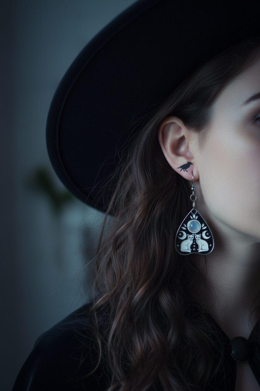 Gothic Cat Planchette Earrings, Witchy Ouija Board Jewelry