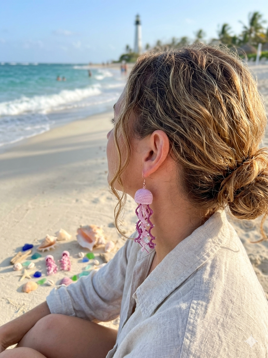 Crocheted Pink Jellyfish Earrings – Whimsical Ocean Jewelry