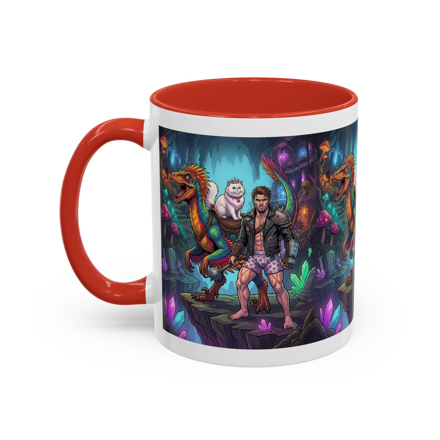 Fantasy Dino Adventure Coffee Mug — Man, Dinosaur & Cute Creature in Crystal Cavern (11/15oz)