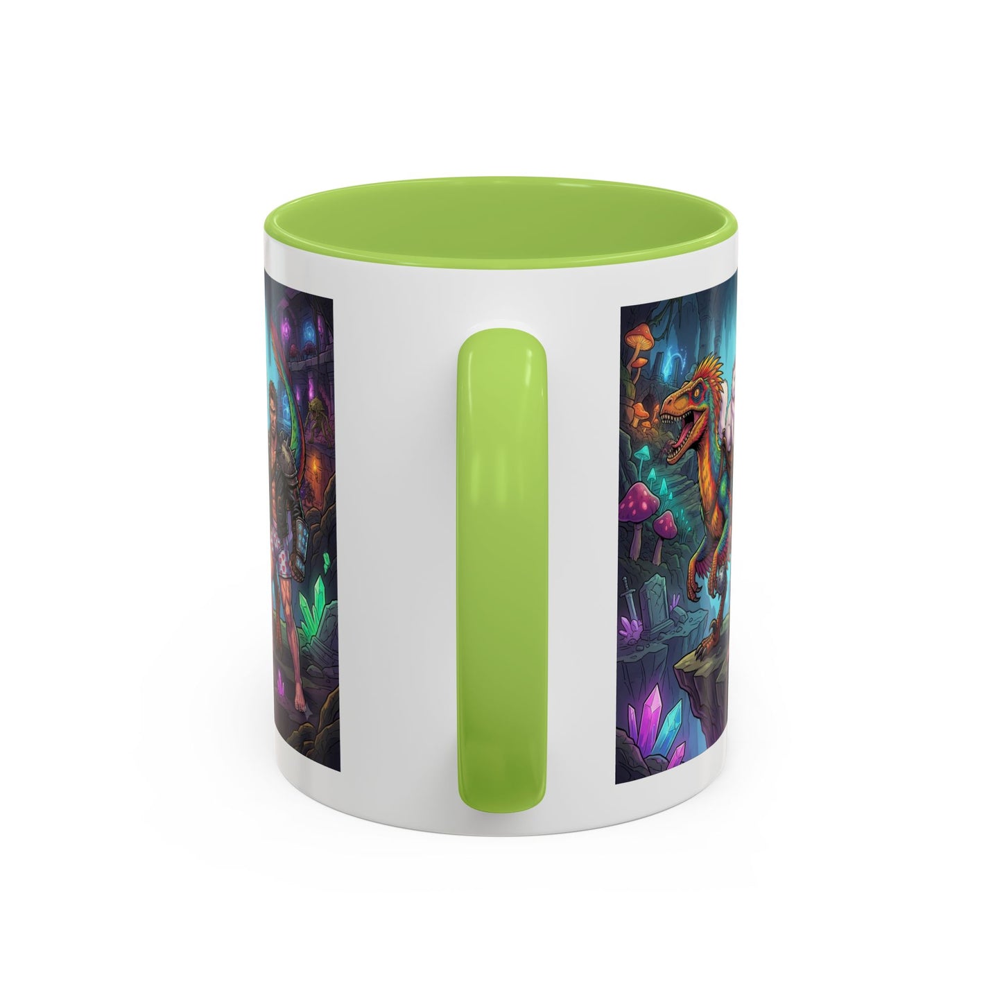 Fantasy Dino Adventure Coffee Mug — Man, Dinosaur & Cute Creature in Crystal Cavern (11/15oz)