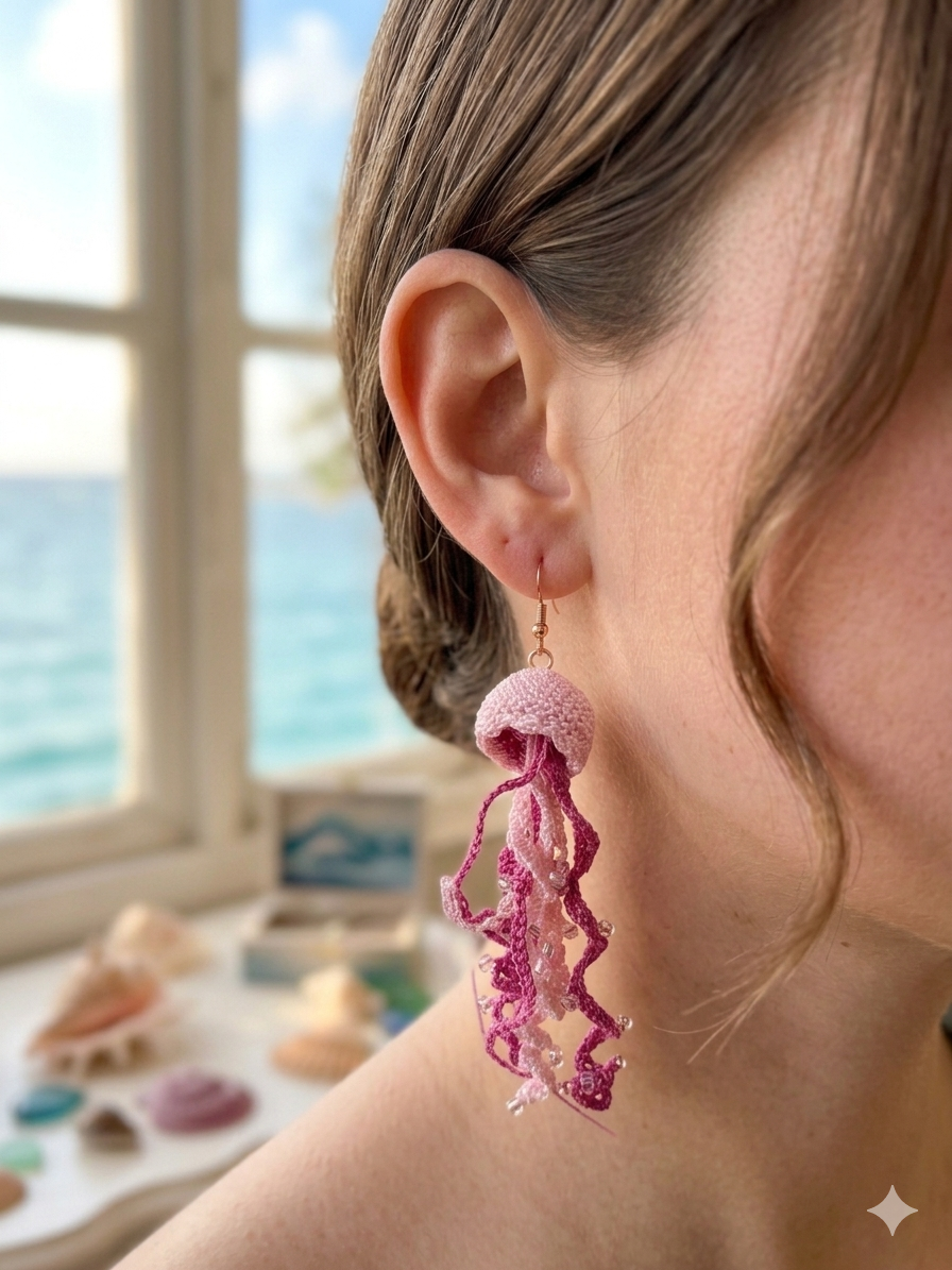 Crocheted Pink Jellyfish Earrings – Whimsical Ocean Jewelry