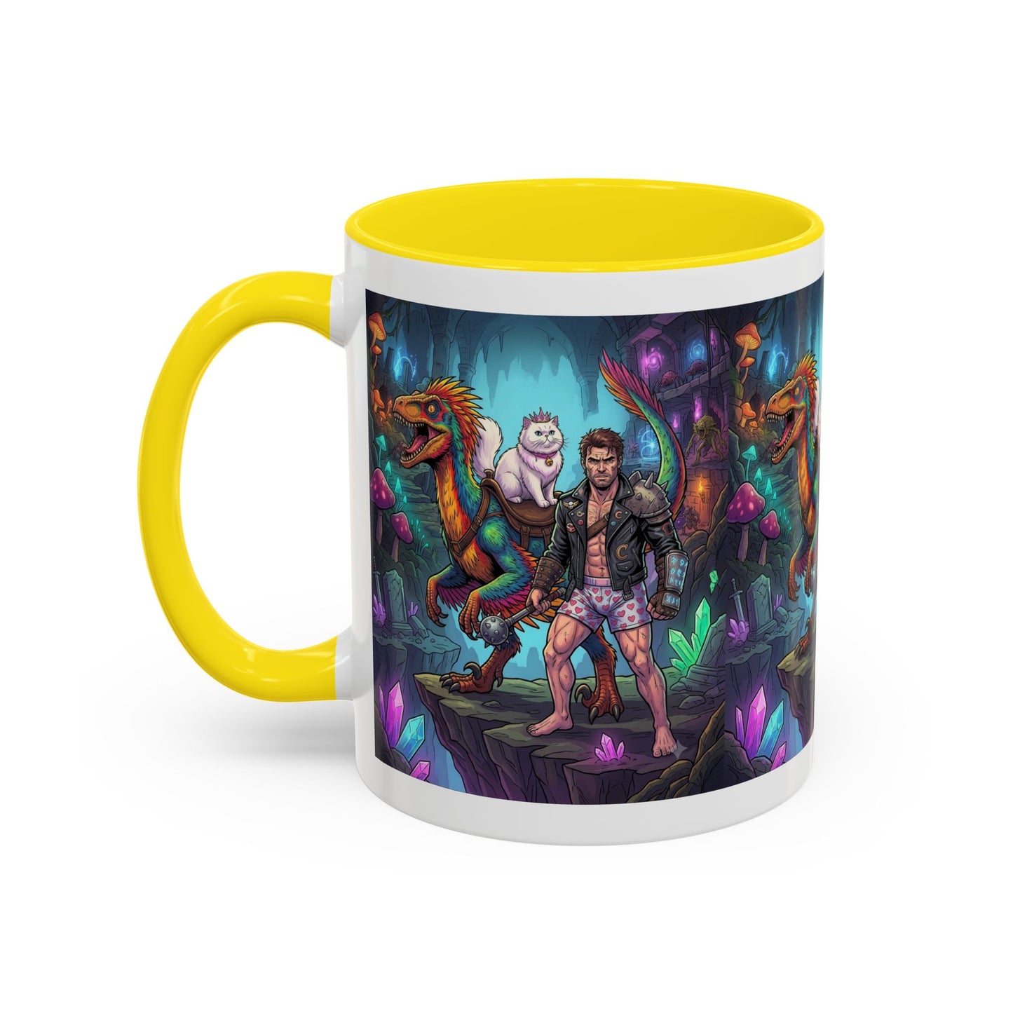 Fantasy Dino Adventure Coffee Mug — Man, Dinosaur & Cute Creature in Crystal Cavern (11/15oz)