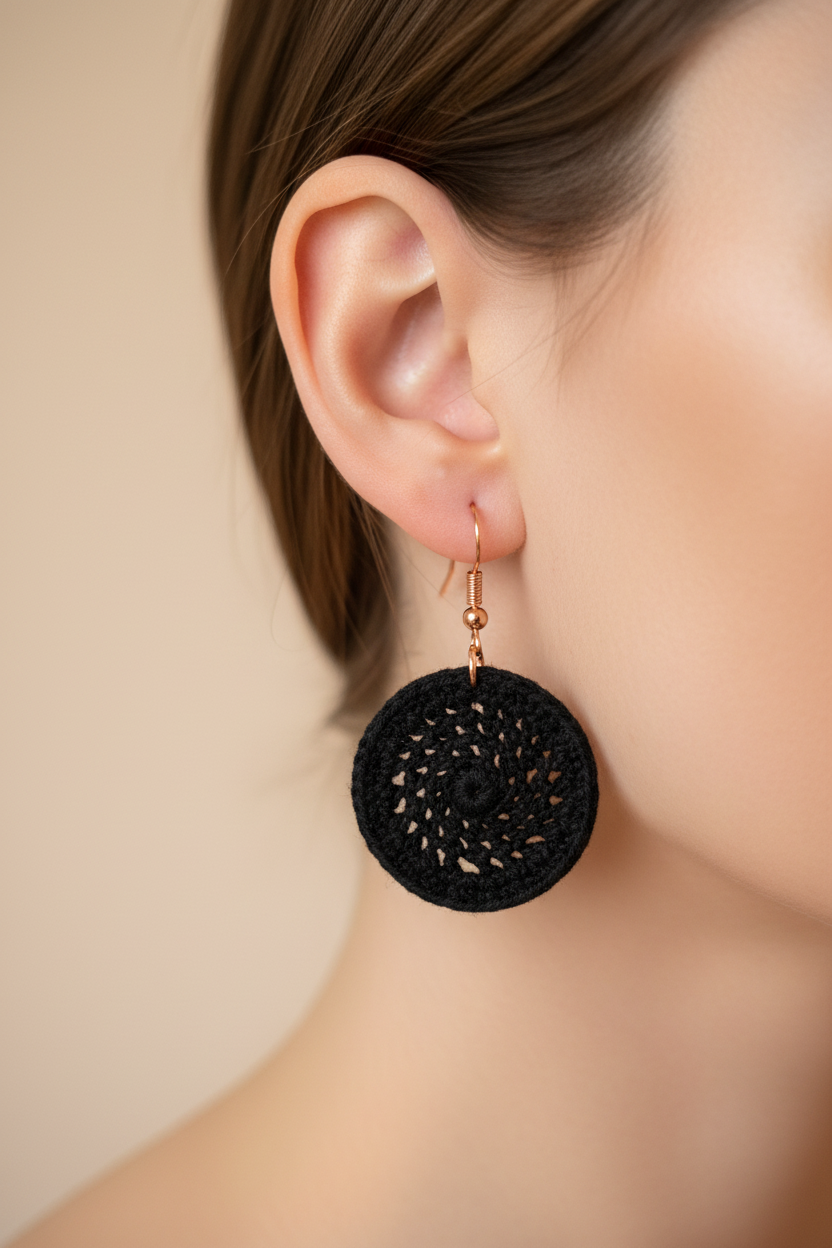 Crocheted Black Hoop Earrings – Small Round Jewelry