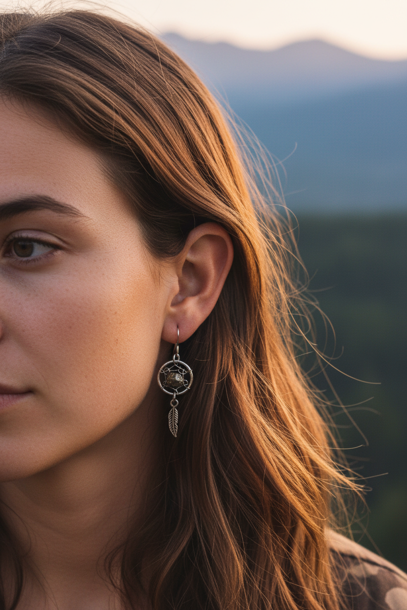 Silver Dreamcatcher Earrings with Feather Charm