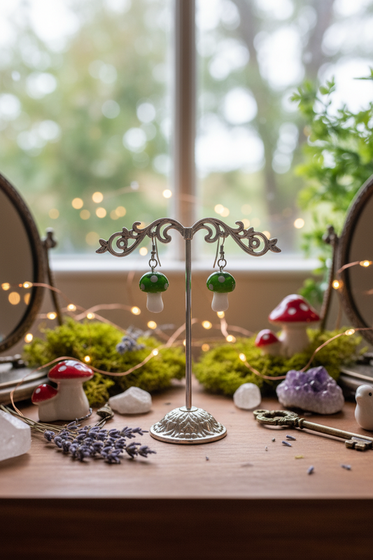 Green Glass Mushroom Earrings – Whimsical Woodland Jewelry