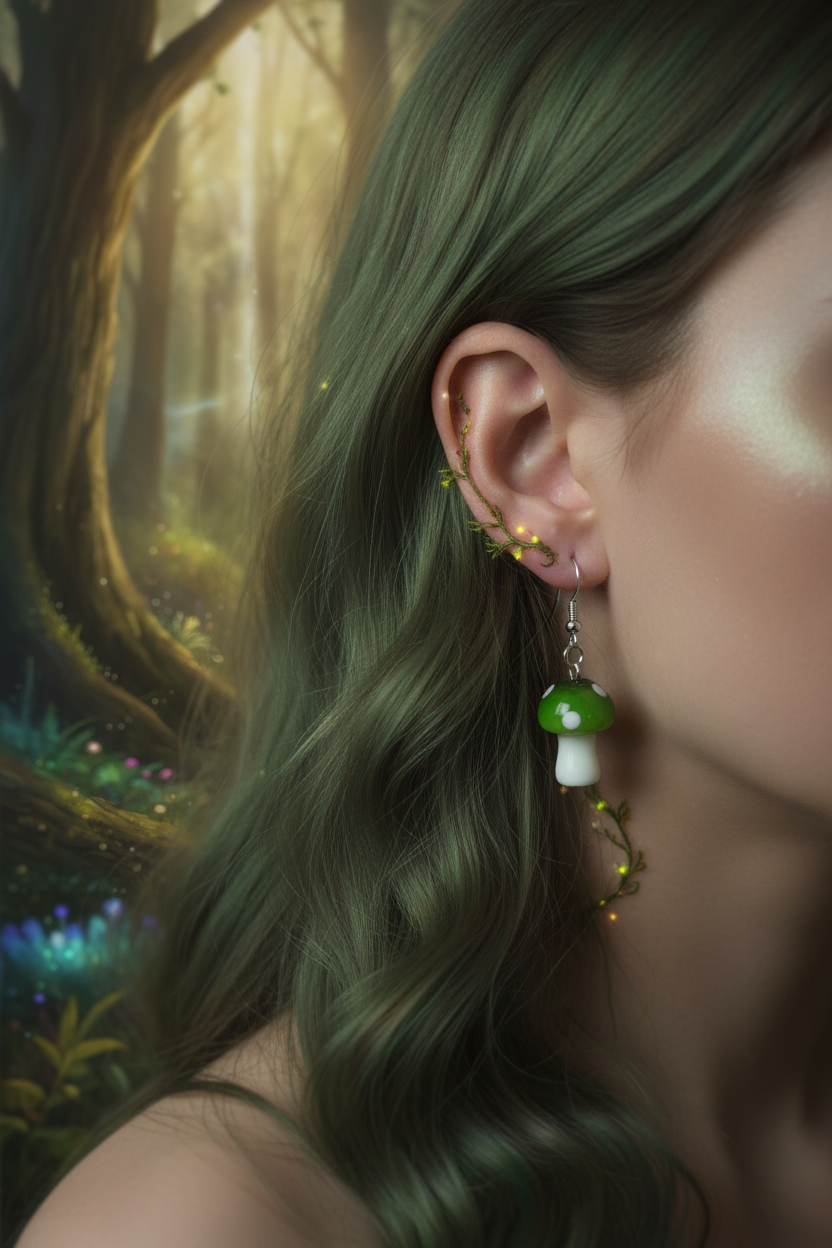 Green Glass Mushroom Earrings – Whimsical Woodland Jewelry