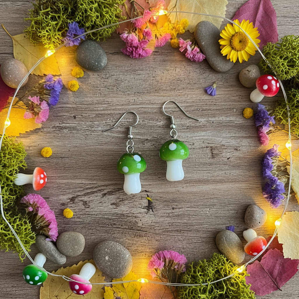 Green Glass Mushroom Earrings – Whimsical Woodland Jewelry