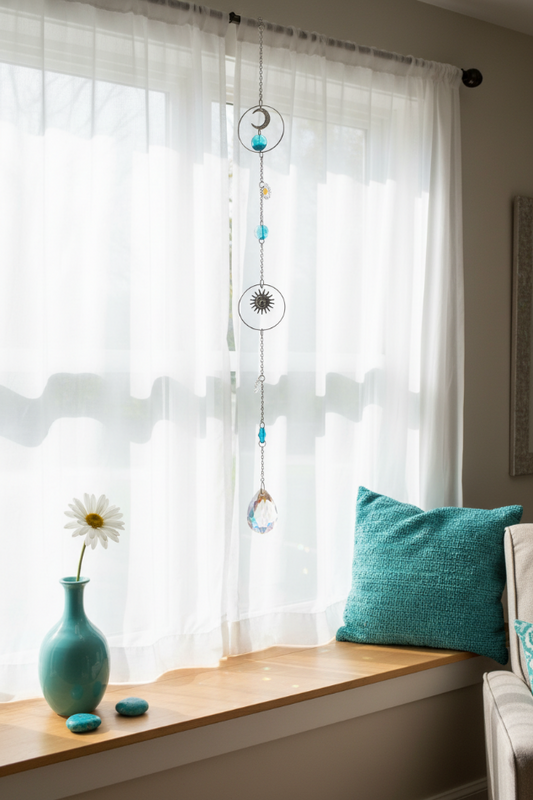 Turquoise Sun Catcher with Moon and Sun Accents – Crystal Prism Suncatcher