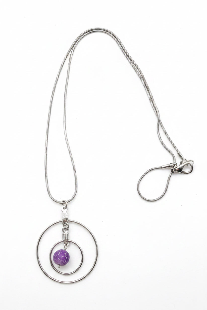 Silver Circle Pendant Necklace with Purple Bead – Celestial Style Jewelry