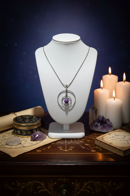 Silver Circle Pendant Necklace with Purple Bead – Celestial Style Jewelry
