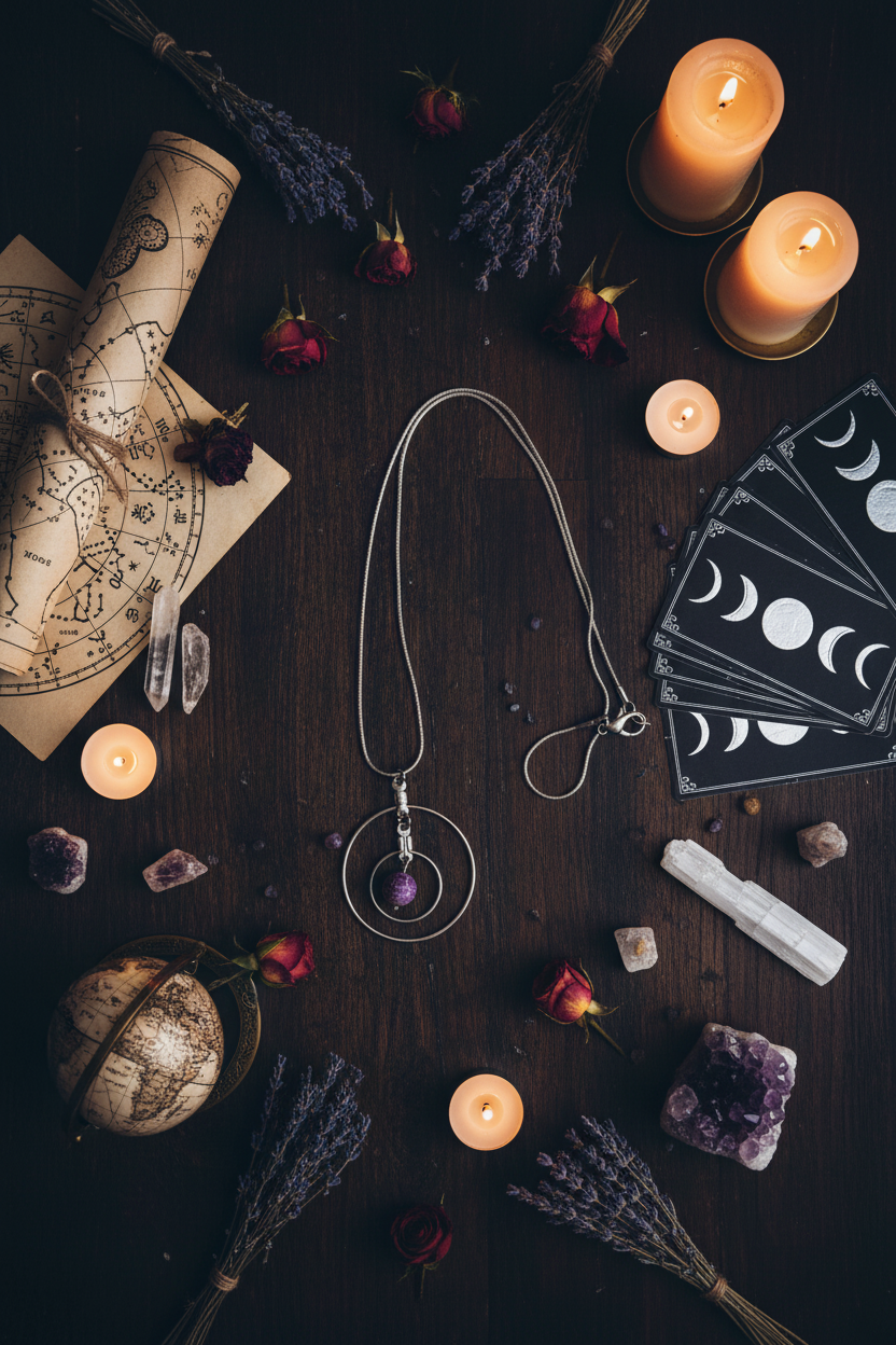 Silver Circle Pendant Necklace with Purple Bead – Celestial Style Jewelry