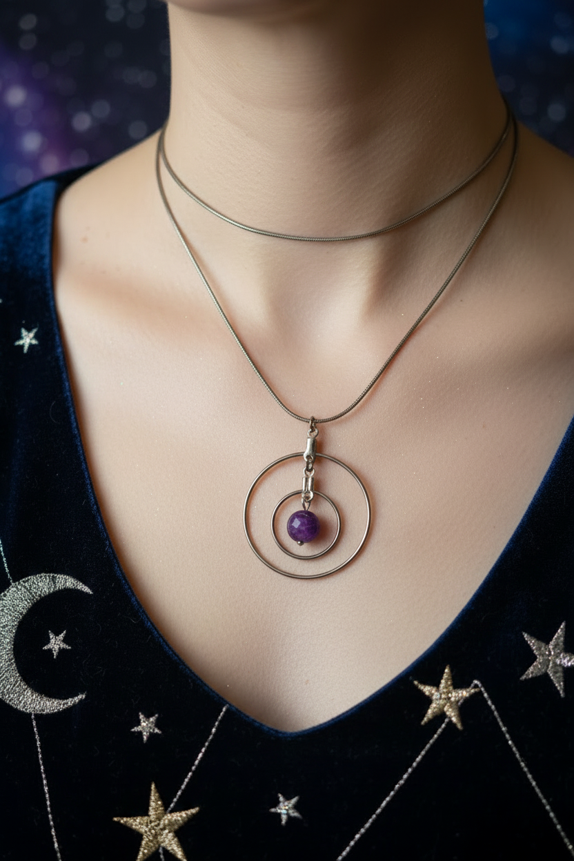 Silver Circle Pendant Necklace with Purple Bead – Celestial Style Jewelry