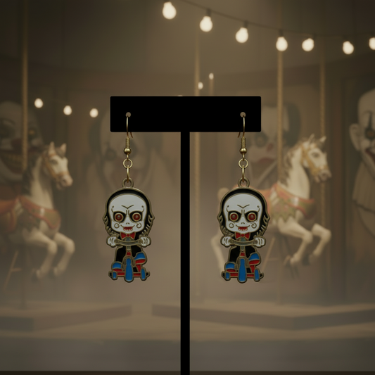 Billy the Puppet Horror Earrings – Tricycle Riding Character Dangle Jewelry