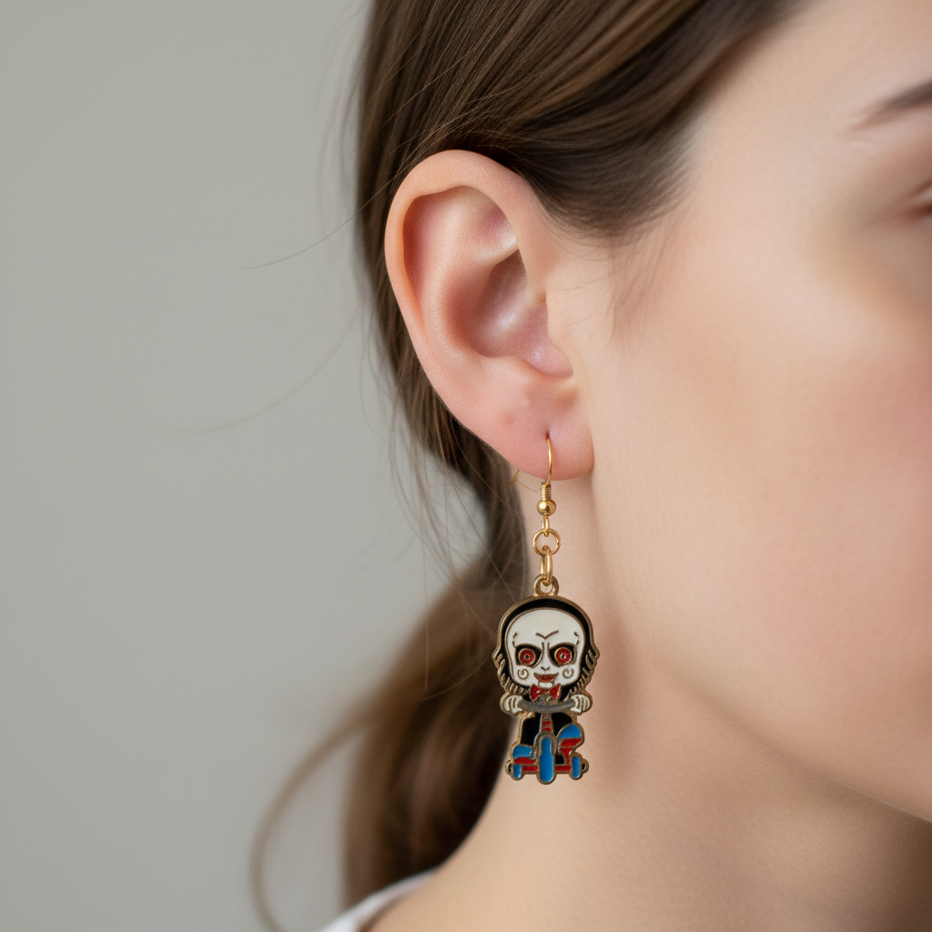 Billy the Puppet Horror Earrings – Tricycle Riding Character Dangle Jewelry