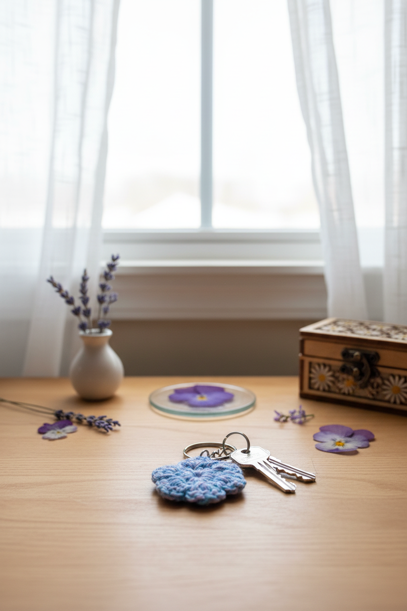 Crocheted Flower Keychain – Blue Floral Charm Accessory
