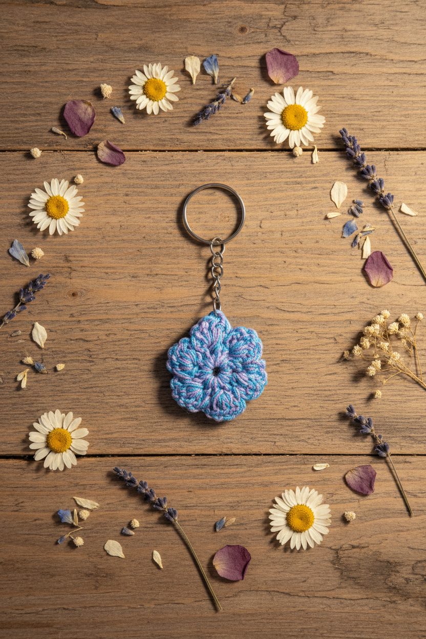 Crocheted Flower Keychain – Blue Floral Charm Accessory