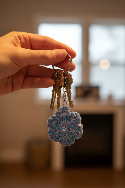 Crocheted Flower Keychain – Blue Floral Charm Accessory
