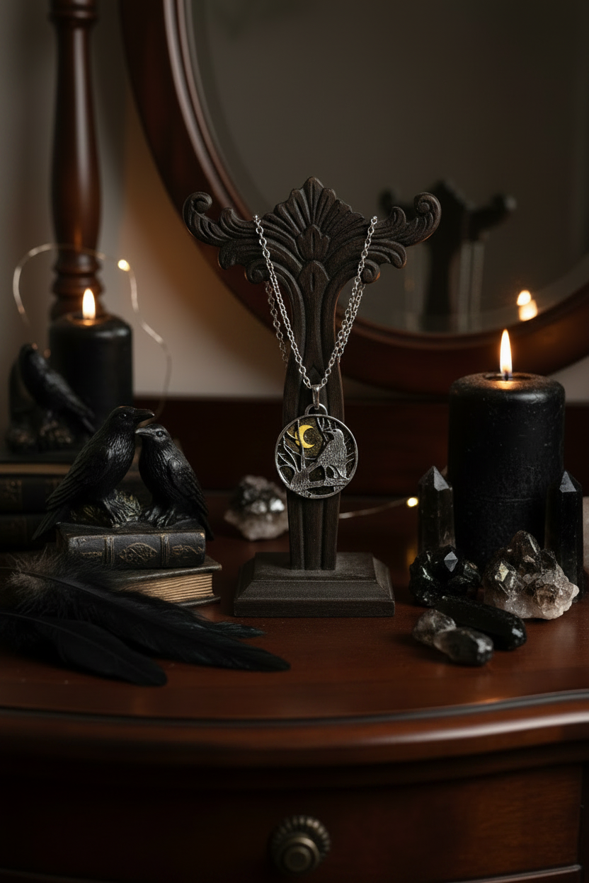 Raven in Tree Circle Pendant Necklace – Moonlit Woodland Jewelry