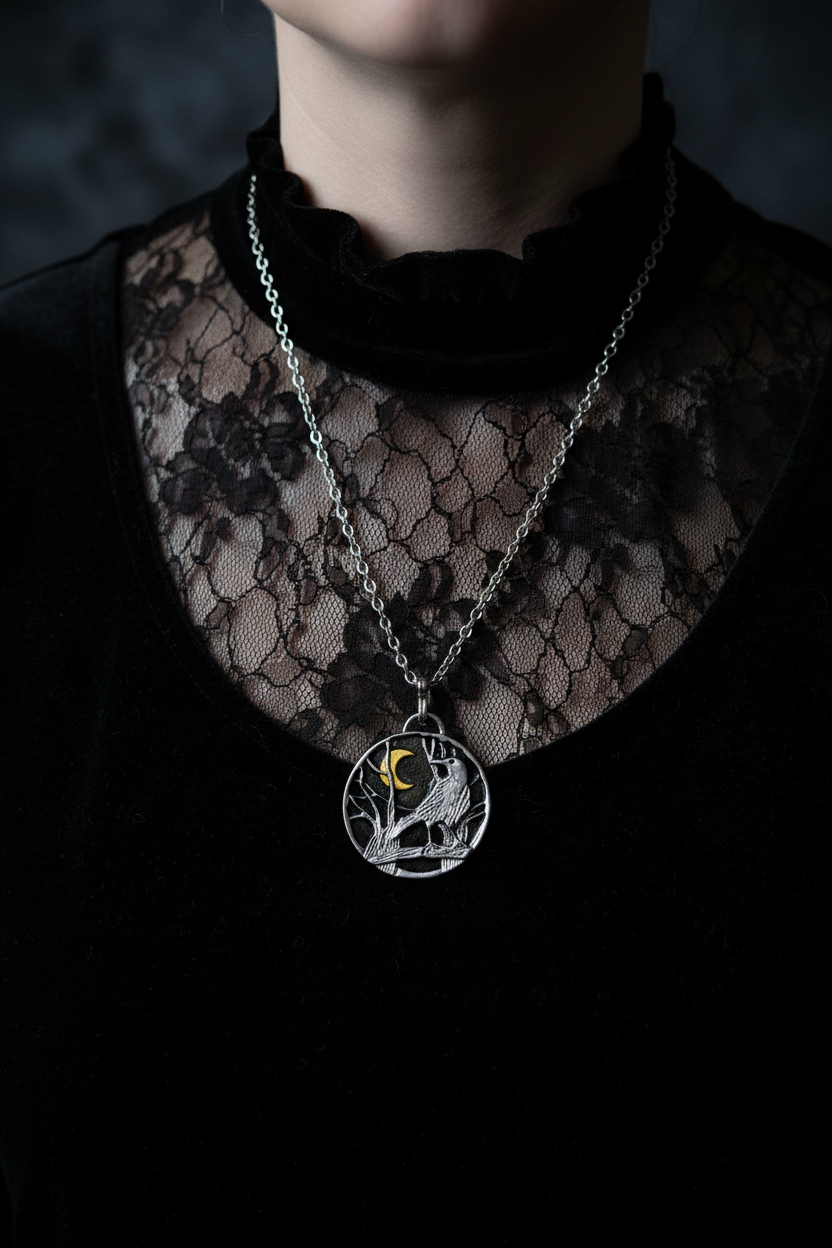 Raven in Tree Circle Pendant Necklace – Moonlit Woodland Jewelry