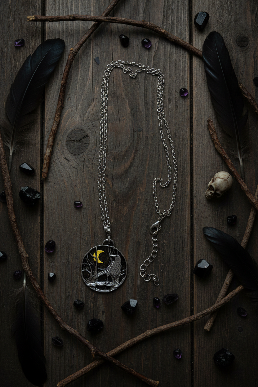 Raven in Tree Circle Pendant Necklace – Moonlit Woodland Jewelry